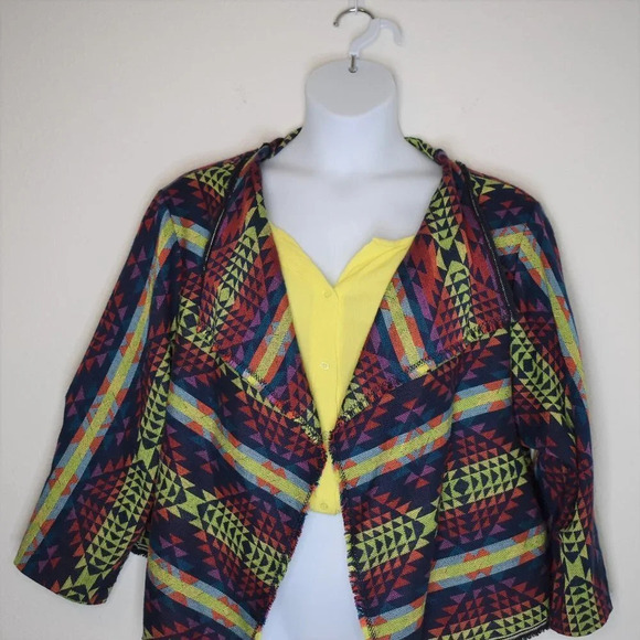 Boho Sz XL Handmade Artsy Aztec Southwestern 3/4 Sleeve Relaxed Fit Open Jacket - Picture 6 of 12